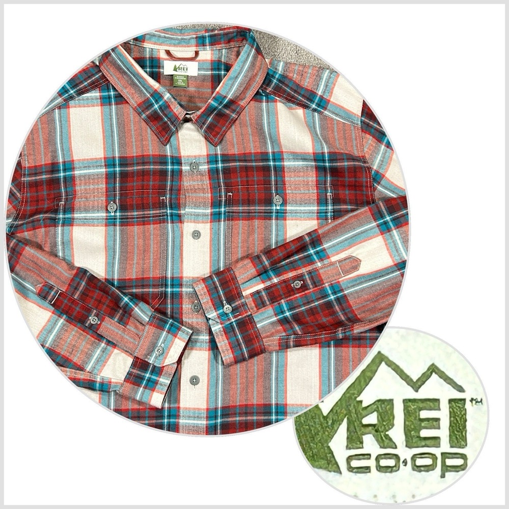 REI Co op Men's 2XL‎ Flannel Shirt Double PocketLong Sleeve Cotton Red Blue Grey